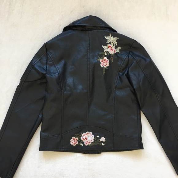 SOLD!! Black Studded Leather Jacket w/ Floral Embroidery - Picture 6 of 10